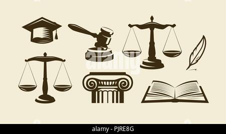 Justice set of icons. Lawyer, advocate, law symbol. Vector illustration Stock Vector