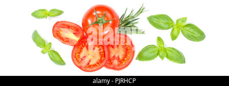Tomatoes tomatos vegetables with basil from above banner isolated on a white background Stock Photo