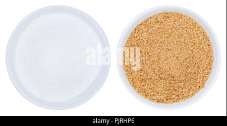 Brown and white cane sugar from above bowl isolated on a white background Stock Photo