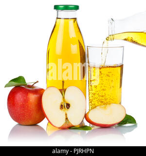 Apple juice pouring apples fruit fruits glass bottle square isolated on a white background Stock Photo