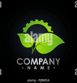 Eco logo with leaf and gear symbol, colored test tube with fresh green lea and gear logo, bio Eco logo vector Stock Vector