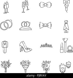Linear wedding icons set. Eps 10 vector illustration. Line art wedding icons isolated on white background. Stock Vector
