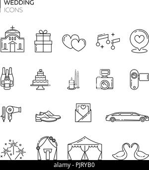 Set of outlined wedding icons. Eps 10 vector illustration. Line art wedding icons collection. Stock Vector