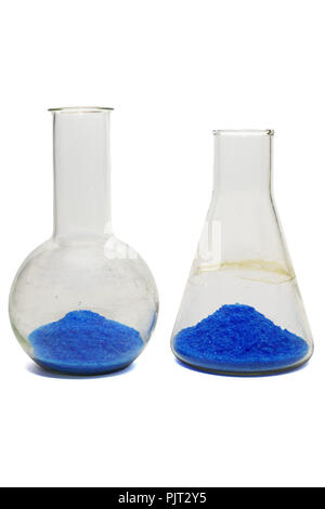 Erlenmeyer and Florence flasks of Cupric sulfate. clipping path Stock Photo