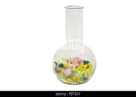 laboratory glassware with multicolored pills. Florence flask. glass vessel for storing and boiling of chemicals - round body, flat bottom, single long Stock Photo