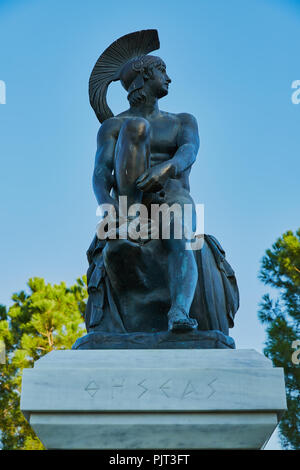 Statue of Theseus the ancient king of Athens Greece on marbled altar Stock Photo