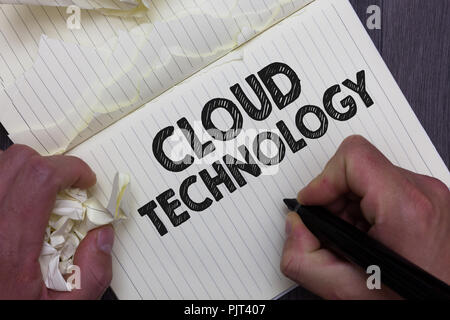 Text sign showing Cloud Technology. Conceptual photo storing and accessing data and programs over Internet Man holding marker notebook crumpled papers Stock Photo