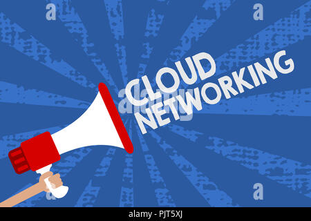 Handwriting text Cloud Networking. Concept meaning is term describing access of networking resources Man holding megaphone loudspeaker grunge blue ray Stock Photo