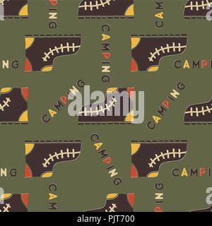Camping boot seamless pattern. Mixed flat with disstressed style. Simple hiking equipment design. Stock vector wallpaper background isolated on green. Stock Vector