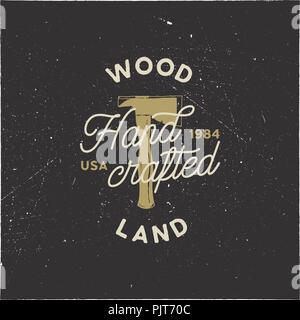 Vintage hand drawn woodworks logo and emblem. Wood land, hand crafted label. Typography lumberjack insignia with crossed axes and texts. Retro silhoue Stock Photo