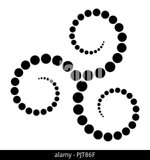 Celtic triskelion spiral made of black dots. Increasing points from the center of the spirals forming a triple spiral. Twisted and connected spirals. Stock Photo