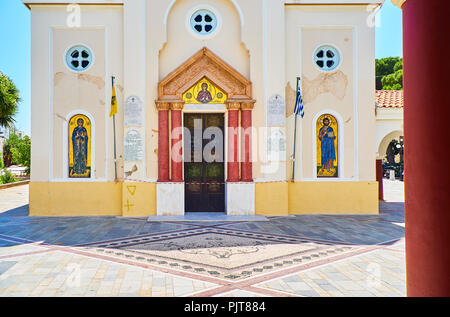 Kos, Greece - July 3, 2018. Principal facade of the Church of Agia Paraskevi, damaged by the earthquake which struck on 21 July 2017. South Aegean Stock Photo