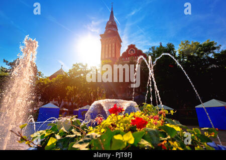 Subotica city hall and fountain sun haze view, Vojvodina region of Serbia Stock Photo