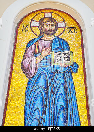 Kos, Greece - July 3, 2018. Byzantine-style mosaics representing Christ on the principal facade of the Church of Agia Paraskevi. Kos, Greece. Stock Photo