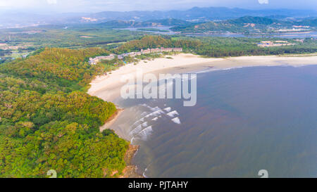 An aerial drone Shangri La Rasa Ria Resort located in Tuaran,Sabah,Malaysia. The most of beautiful hotel and resort for vacation near of Kota Kinabalu Stock Photo