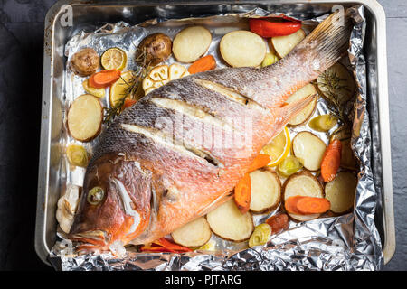 Oven backed  red snapper fish with vegetables,  just from the oven, ready to eat Stock Photo