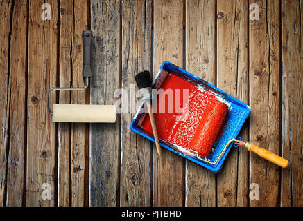 Painting tools on textured wooden table from above Stock Photo
