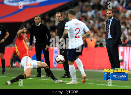 England Manager Gareth Southgate (right) on the touchline during the UEFA Nations League, League A Group Four match at Wembley Stadium, London. PRESS ASSOCIATION Photo. Picture date: Saturday September 8, 2018. See PA story SOCCER England. Photo credit should read: Mike Egerton/PA Wire. Stock Photo