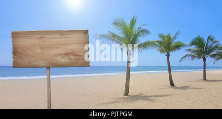 Beach with palm trees, blue sky and wooden sign 2