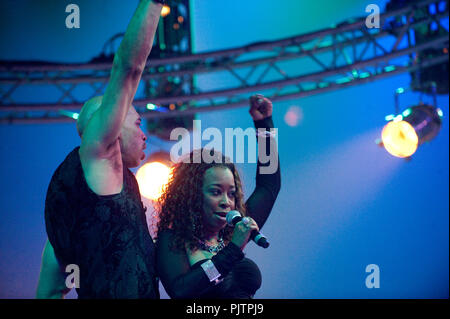 Eurodance band Snap at the Back To The 90's event in the Sportpaleis of Antwerp (Belgium, 04/04/2010) Stock Photo