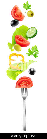 Isolated vegetables mix. Fresh salad components (tomato, cucumber, bell pepper, lettuce and olives) flying over a fork isolated on white background wi Stock Photo
