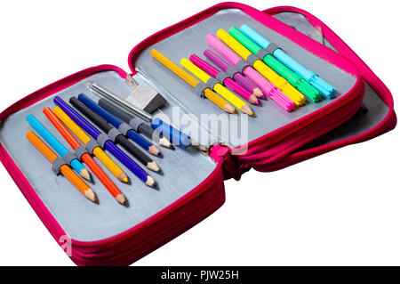 little girl's case at school on white background, isolated subject, photo studio Stock Photo