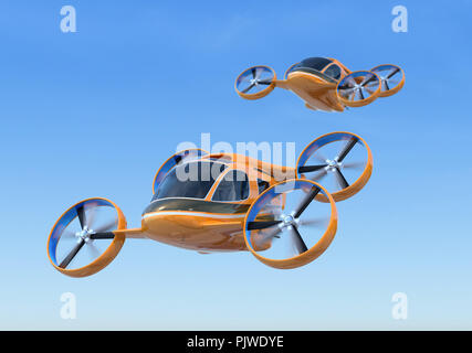 Two Passenger Drone Taxis flying in the sky. 3D rendering image. Stock Photo