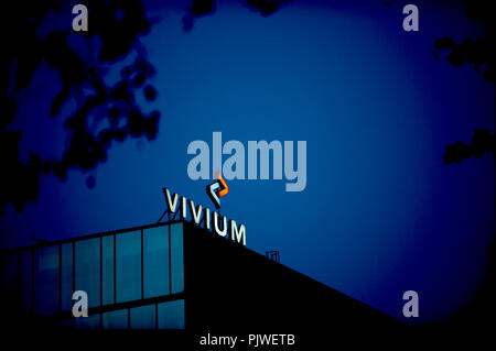 The Vivium illuminated sign on top of the Vivium building in Brussels (Belgium, 08/05/2009) Stock Photo
