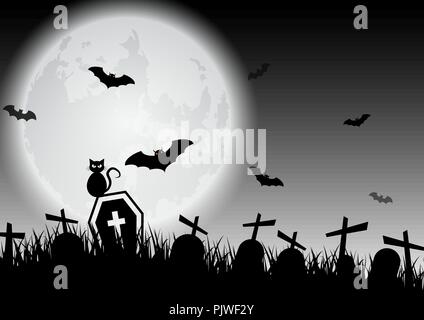 Spooky Halloween background with graves and black cat, stock vector Stock Vector