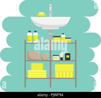 Flat color illustration of a bathroom interior. A sink with a rack. Stock Vector