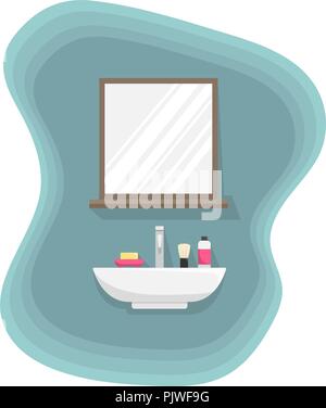 Flat color illustration of a bathroom interior. A sink with a mirror. Stock Vector