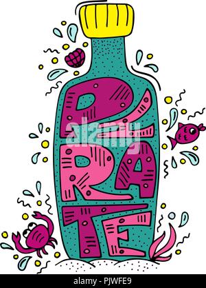 Colorful modern illustration with hand-drawn lettering Pirate inside the bottle Stock Vector