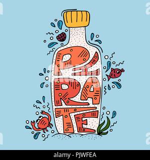 Lovely modern illustration with hand-drawn lettering Pirate inside the bottle Stock Vector