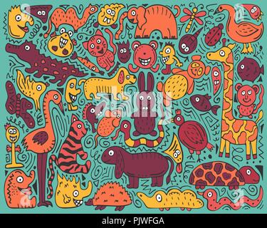 Doodle color poster with hand-drawn zoo animals. Stock Vector