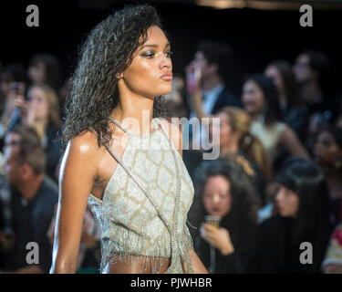 A model walks the Julien Macdonald Spring/Summer 17 Collection runway show during London Fashion Week on September 17, 2016, in London, United Kingdom. Julien Macdonald OBE is a Welsh fashion designer who appeared as judge on Britain's Next Top Model, named as 'British Fashion Designer of the Year' in 2001 and was appointed as chief designer at Givenchy. Stock Photo