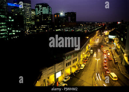 Panoramic night view over the Brussels-North area including the Belgacom towers and the Brussels North railway station and the rue du Brabant (Belgium Stock Photo