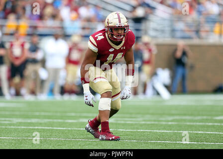 Massachusetts, USA. 8th September 2018. Boston College Eagles linebacker Max Richardson (14) in action during the NCAA football game between Holy Cross Crusaders and Boston College Eagles at Alumni Stadium. Boston College won 62-14. Anthony Nesmith/CSM/Alamy Live News Stock Photo
