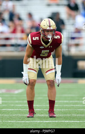 Massachusetts, USA. 8th September 2018. Boston College Eagles defensive back Nolan Borgersen (5) during the NCAA football game between Holy Cross Crusaders and Boston College Eagles at Alumni Stadium. Boston College won 62-14. Anthony Nesmith/CSM/Alamy Live News Stock Photo