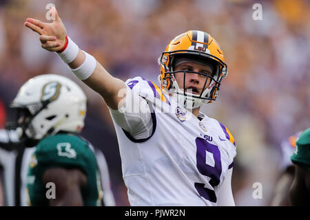 Baton Rouge, LA, USA. 8th Sep, 2018. LSU Tigers quarterback Joe Burrow (9)  runs against Southeastern Louisiana Lions during the game between the LSU  Tigers and the SLU Lions at Tiger Stadium