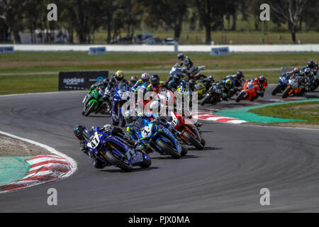 Victoria, Australia. 9th September 2018. Wayne Maxwell leads the Full Field of the race one after the restart on turns one and two of the Winton Track. Credit: brett keating/Alamy Live News Stock Photo