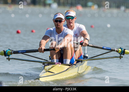 Plovdiv, Bulgaria, Sunday, 9th September 2018. FISA, World Rowing Championships, GBR M2- , Bow Oliver COOK and Matthew ROSSITER, © Peter SPURRIER, Alamy Live  News Stock Photo