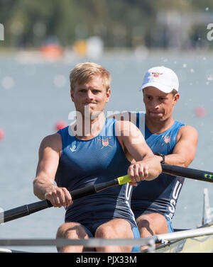 Plovdiv, Bulgaria, Sunday, 9th September 2018. FISA, World Rowing Championships, USA  M2- , Bow, Michael COLELLA and Anders WEISS, © Peter SPURRIER, Alamy Live  News, Stock Photo
