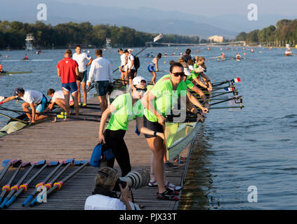 Plovdiv, Bulgaria, Sunday, 9th September 2018. Day 1. FISA, World Rowing Championships, USA W8+ boating for am early morning training session,  Â© Peter SPURRIER, Stock Photo