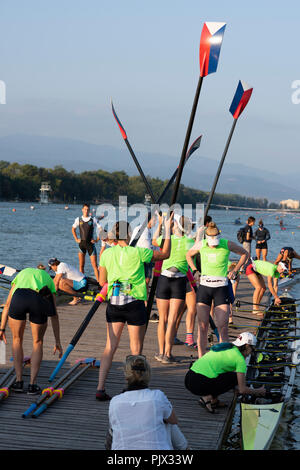 Plovdiv, Bulgaria, Sunday, 9th September 2018. Day 1. FISA, World Rowing Championships, USA W8+ boating for am early morning training session,  Â© Peter SPURRIER, Stock Photo