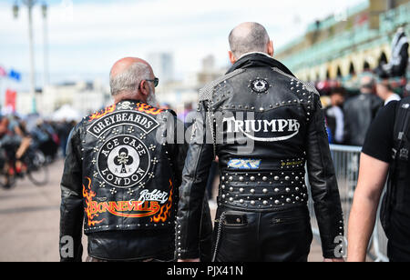 Brighton, UK. 9th September 2018. Thousands of bikers and rockers enjoy the annual Ace Cafe Reunion Brighton Burn Up and Ride with the Rockers event  on a hot sunny day on the south coast . Every year thousands of bikers ride from the iconic Ace Cafe in London to Madeira Drive on Brighton seafront where they enjoy a day of music and nostalgia Photograph taken by Simon Dack Credit: Simon Dack/Alamy Live News Stock Photo