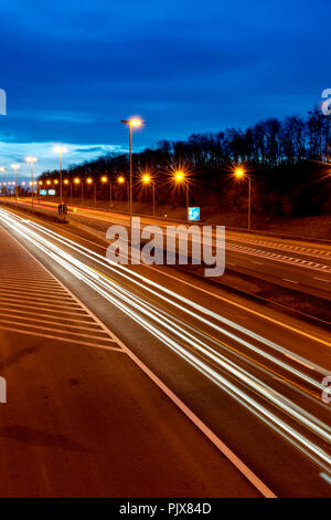 Traffic over the E40 motorway at sunset (Belgium, 01/04/2011) Stock Photo