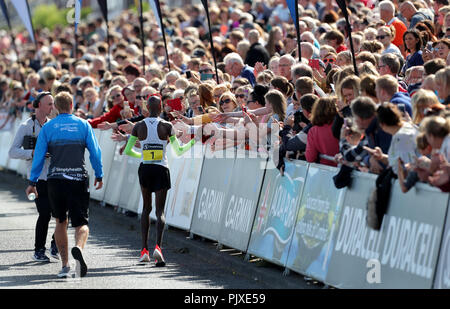 Sir Mo Farah greets fans after winning the Men's Elite Race during the 2018 Simply Health Great North Run. Stock Photo