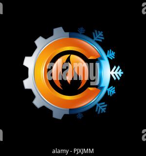 Vector logo concept illustration. Gear and fire flame sign illustration. Warm generation logo. Warm technology logo Stock Vector