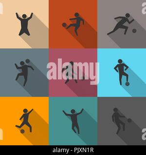 Set of icons soccer players with long diagonal shadow, vector illustration. Stock Vector