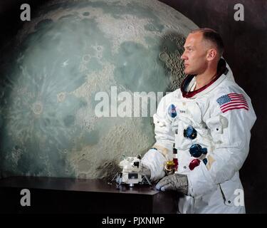 Houston, TX - File photo -- Alternate portrait of Edwin E. 'Buzz' Aldrin,Jr., Lunar Module (LM) Pilot of Apollo 11 Lunar Landing Mission taken on May 1, 1969.  Apollo 11 was Aldrin's second and final trip to space.  He previously piloted the Gemini 12 mission on November 11, 1966.  On that mission Aldrin completed 5 1/2 hours of extravehicular activity (EVA).  Apollo 11 launched on July 16, 1969.  Aldrin became the second human to set foot on the moon on July 20, 1969. Credit: NASA via CNP /MediaPunch Stock Photo